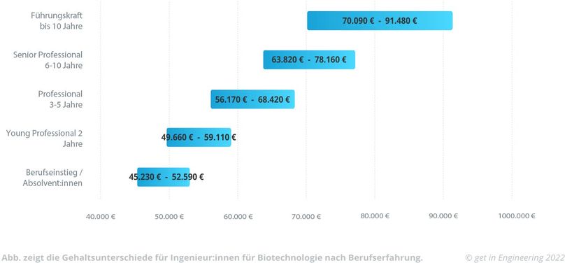 Diagramm zur Gehaltsentwicklung nach dem Biotechnologie-Studium nach Berufserfahrung.